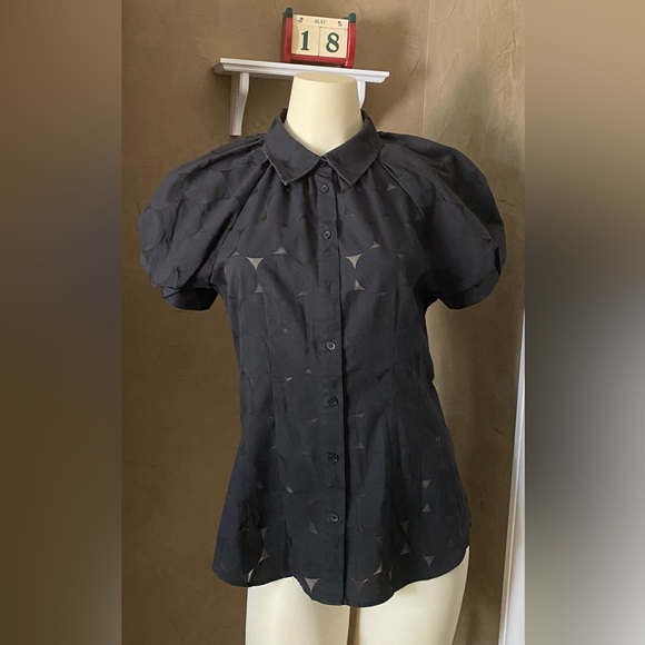 Express Design Studio women’s collar top button down black short puff sleeves M - Picture 1 of 14